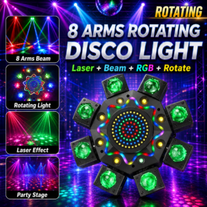 150W 8-Arm Rotating Moving Head Stage Laser Light with RGBW Beam, Laser & Strobe