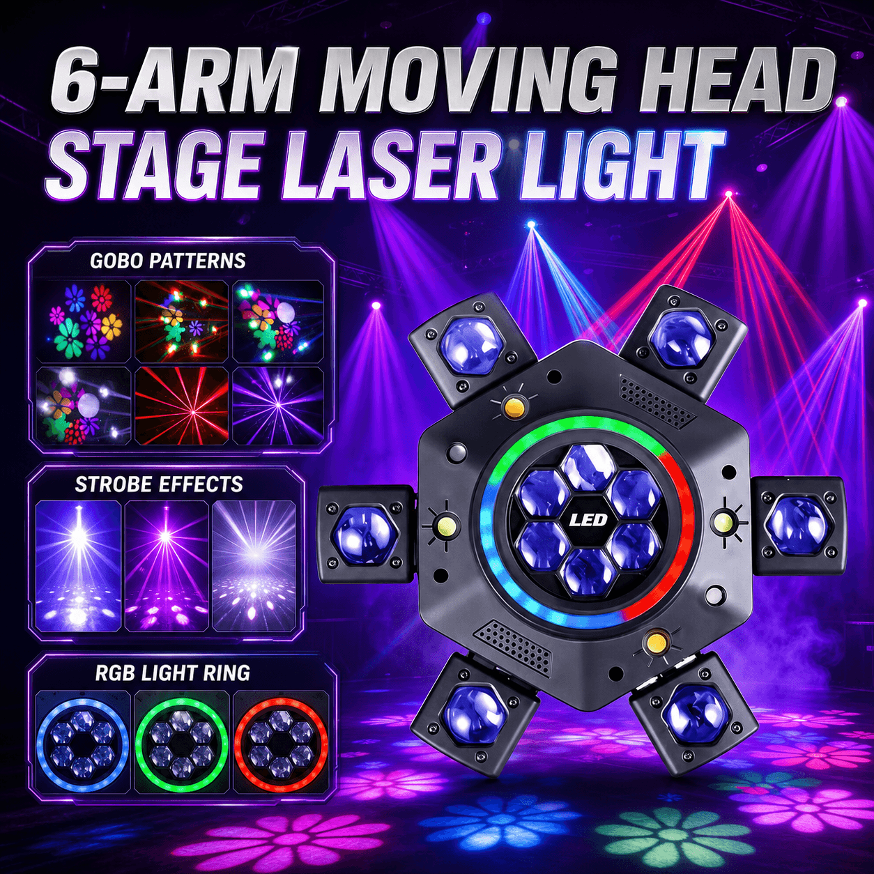 6-Arm Moving Head Stage Laser Light with Strobe & GOBO Effects