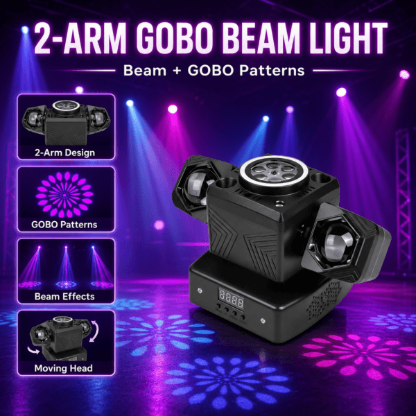 2-Arm Moving Head Stage Beam Light with Beam Effects, GOBO Patterns