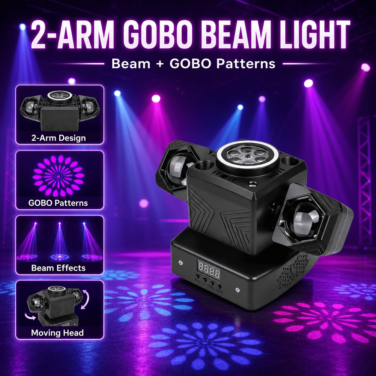 2-Arm Moving Head Stage Beam Light with Beam Effects, GOBO Patterns
